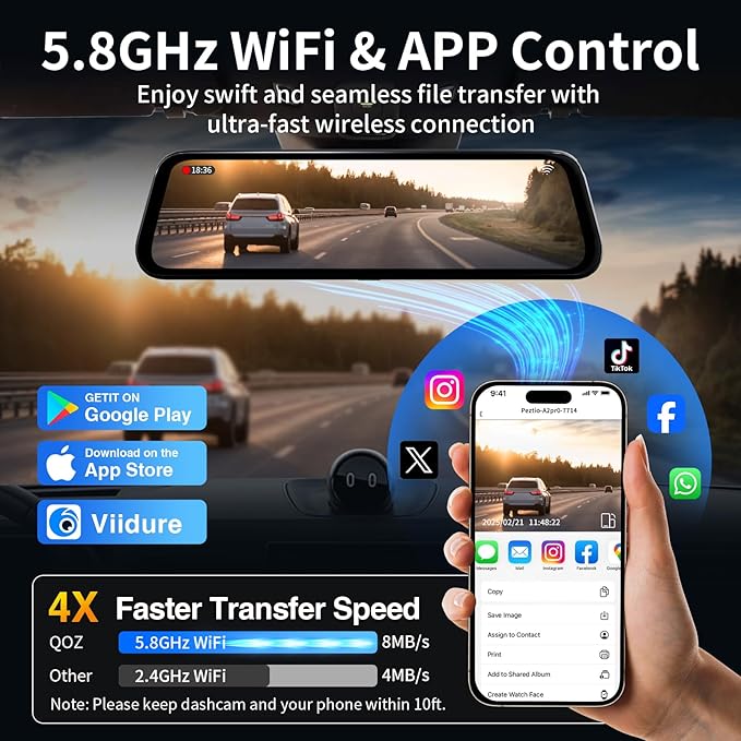 Mirror Dual Dash Camera with Voice Control,4K+2.5K 10" Rear View Mirror Camera with 5.8GHz WiFi and APP Control, WDR Night Vision, Loop Recording, G-Sensor, Parking Monitor 64GB Card Included