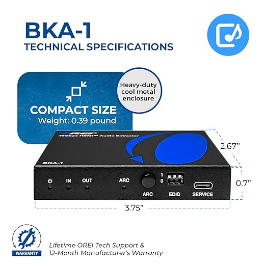 OREI 8K Audio Extractor HDMI UltraHD 4K @ 120Hz 48G HDMI 2.1 Audio Converter for PS5 SPDIF + 3.5mm Output HDCP 2.3 - Dolby Digital/DTS Passthrough CEC, HDR, Dolby Vision, ARC, HDR10+ (BKA-1)