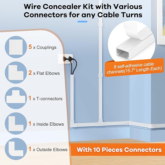 126in Cord Hider Kit, Wire Covers for TV on Wall, Paintable Cable Management Kit, Cable Cover for Mounted TV, Hide Wires Along Wall, Grey Cord Cover, 8xL15.7in W0.95in H0.55in
