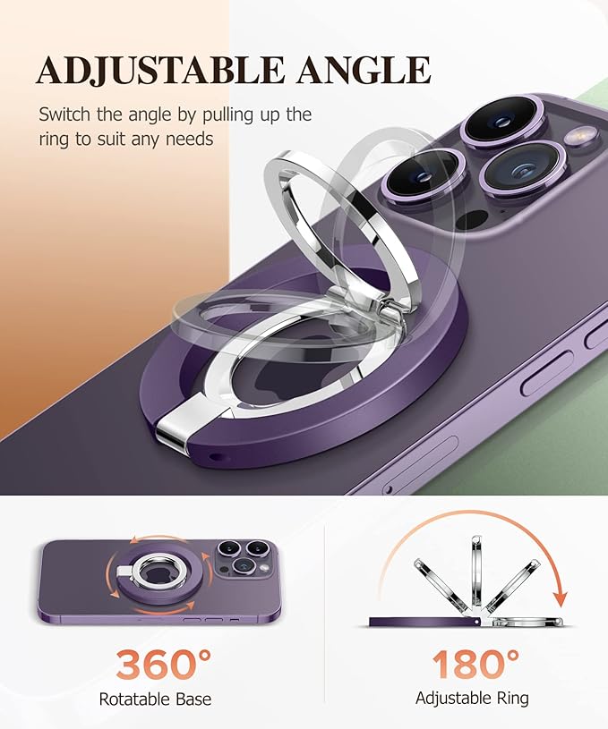 GVIEWIN Magnetic Phone Ring Holder, Compatible with MagSafe Phone Grip with Adjustable Stand, Magnet Phone Ring Kickstand for iPhone 16 Pro Max/Plus/15/14/13/12 Series/Other Phones (Purple)