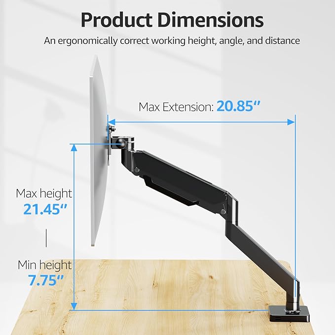 MOUNTUP Single Monitor Mount with USB Fits 42 40 35 32 27 24 Heavy Duty Widescreen, Gas Spring Monitors Stand for Desk, Holds 4.4-33 lbs Screen, Ultrawide Monitor Arm, VESA Mount Clamp/Grommet Base