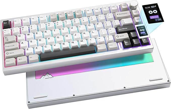 YUNZII AL80 Wireless Mechanical Keyboard,Full Aluminum CNC, Smart LCD Display,Hot Swappable Gasket Mount 75% Layout with Knob,BT/2.4G/USB-C,QMK/VIA Support for Win/Mac (Silver, Cocoa Cream V2 Switch)