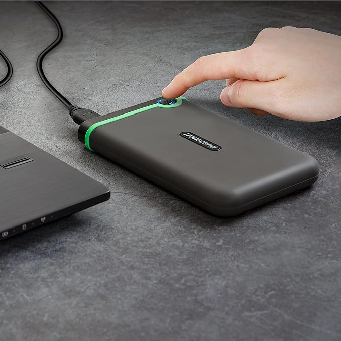 Transcend 4TB SJ25M3, USB 3.1 Portable Hard Drive Rugged, Anti-Shock Resistant, Compact and Lightweight with Lightning-Fast Speeds, One Touch Backup Button, Iron Grey - TS4TSJ25M3S
