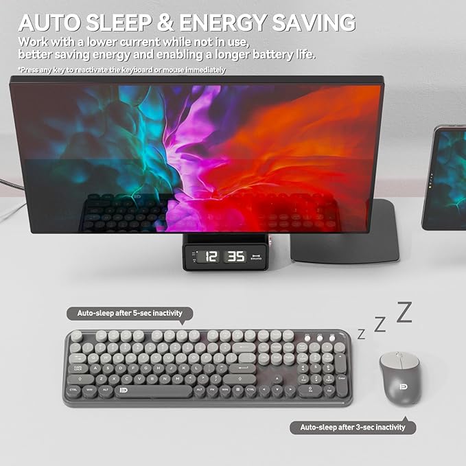 Wireless Keyboard and Mouse Combo, 104 Round Keys Cute Colorful Cordless Keyboard and Mouse with Retro Typewriter Black