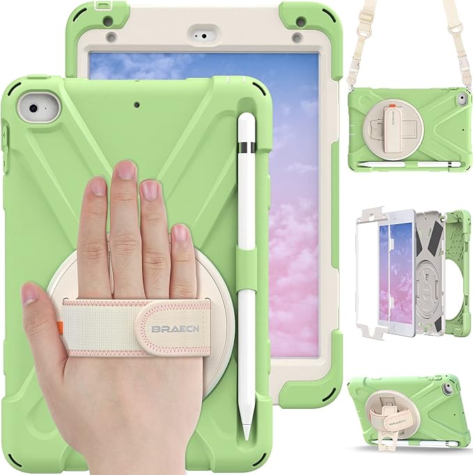 BRAECN iPad mini 5 Case,iPad mini 4 Case, Heavy Duty Shockproof Protective Rugged Case with Pencil Holder,Hand Strap,Kickstand, Shoulder Strap for iPad mini 5th/4th Generation 7.9 Inch for Kids