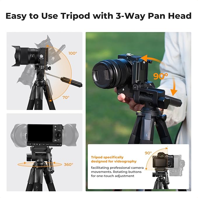 K&F Concept Camera Tripod, 75" Lightweight Portable Travel Outdoor DSLR Tripods for Camera Phone Video Recording Tripod Stand, Cellphone Clip for Smartphone Live Streaming Vlog, Black