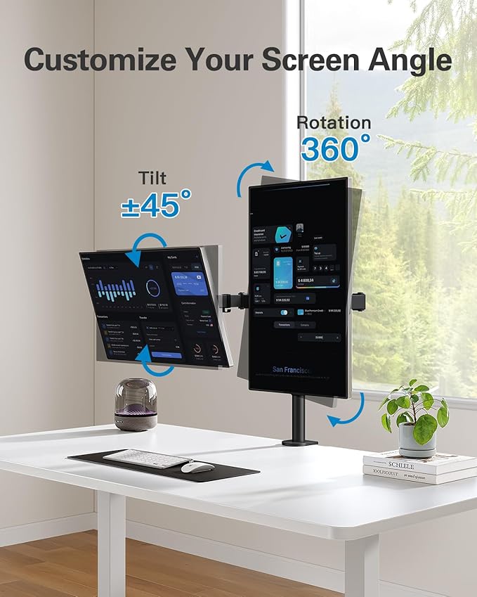HUANUO Dual Monitor Desk Mount, Heavy-Duty Steel Adjustable Arm for 13-32 Inch Screens, Tilt, Swivel, Rotate, C-Clamp & Grommet Base, Holds up to 17.6 lbs per Arm, VESA 75/100mm