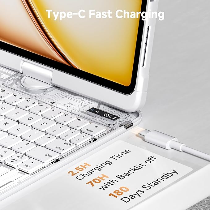 iPad Keyboard Case for 2024 M4 iPad Pro 11 inch, Magic Wireless Keyboard with Trackpad 7 Color Backlit, 360° Rotating Stand Transparent Protective Cover with Pencil Holder (White)