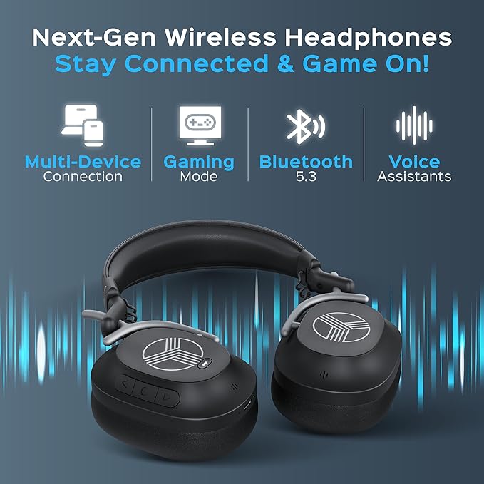 TREBLAB U5 - Hybrid Active Noise Cancelling Headphones Over-Ear, Deep Bass, 55H Battery, Mic for Calls, Bluetooth 5.3, Water-Resistant IPX4, Wireless Headphones Foldable for Travel, Gym, Work, Sports