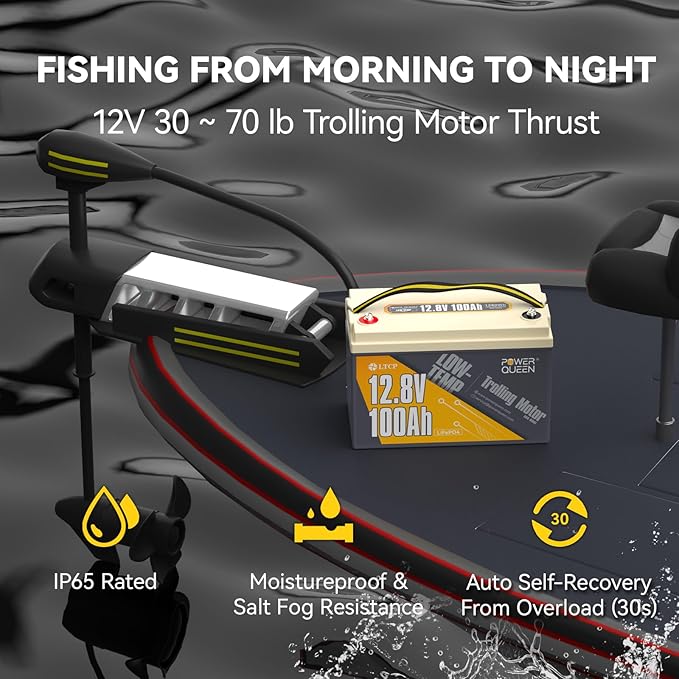 Power Queen 12.8V 100Ah Low-Temp LiFePO4 Battery with 12V20A Charger, Low Temperature Protection, Built-in 100A BMS, Grade A Battery Cell, Up to 15000+ Cycles, Perfect for Trolling Motor, Marine, RV