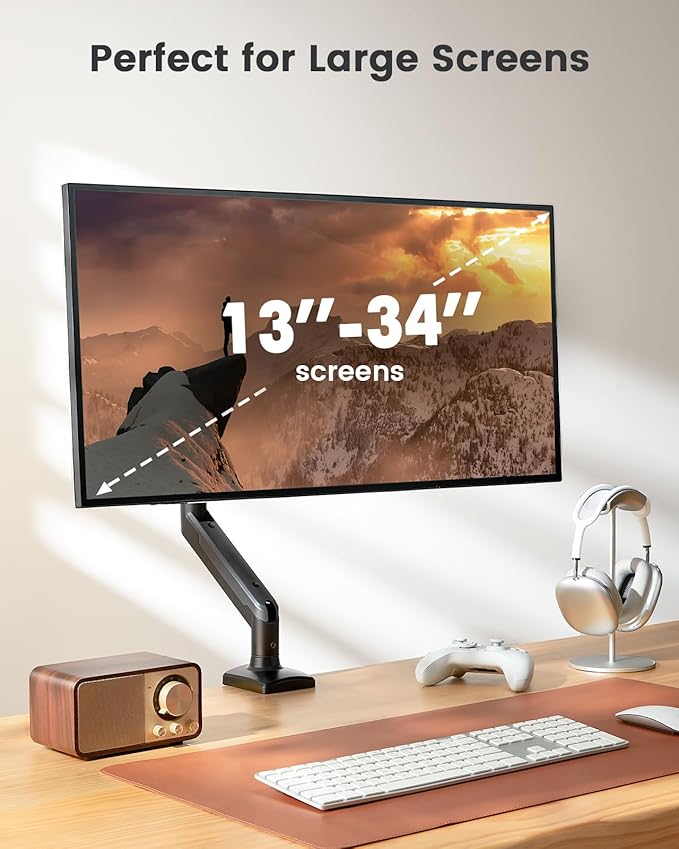 ErGear Single Monitor Arm for 13-34 inch Screens, Adjustable Gas Spring Monitor Mount Holds up to 22 lbs, Computer Monitor Stand with VESA Mount, C-Clamp & Grommet Base, Max VESA 100x100mm,