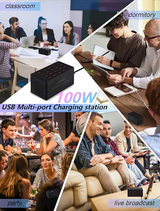 Charging Station, 100W20Port USB Charging Station, Multiple USB Charger Station, Charging Station for Multiple Devices, Multi USB Charging Station, Chargers for Multiple Devices, black