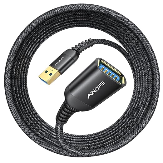 AINOPE 2 Pack USB Extensions Cable High Speed USB 3.0 Extension Cord Type A Male to Female Sturdy Braided Material Fast Data Transfer Compatible with USB Keyboard,Mouse,Flash Drive,Black,16FT+16FT