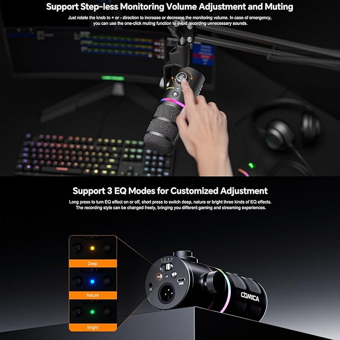 COMICA EJoy D10 D USB/XLR Dynamic Microphone with RGB Lighting &CalMix Denoise &Mute Button- Studio-Quality Cardioid Mic with Desktop Stand for Gaming, Streaming, Podcast,YouTube(PC/PS5/Xbox/Mac)Black