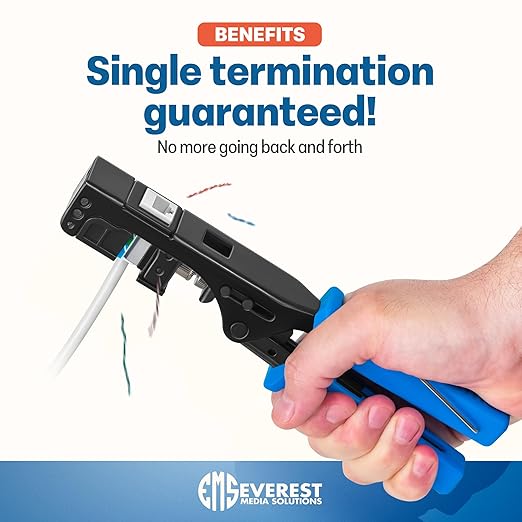Everest easyJACK - 90° Angled Speed Termination Keystone Tool Set - with 20-Pack of RJ45 Slim Profile Cat6A Keystone Jacks (10 Blue & 10 White) - Time Saver Network Cat6 Punchdown Tool