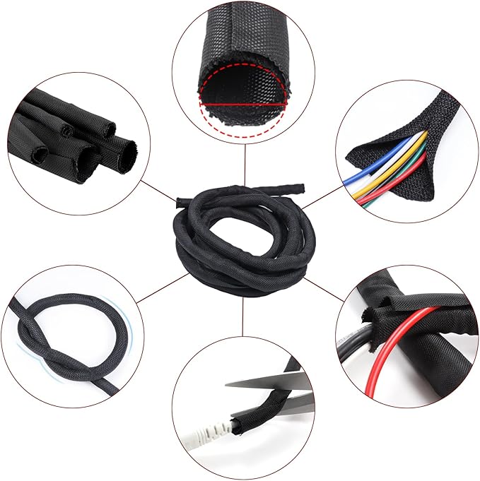 Black Braided Cable Management Sleeves Wire Loom Tubing Cord Protector Self-Wrapping (3/8"-20Feet)