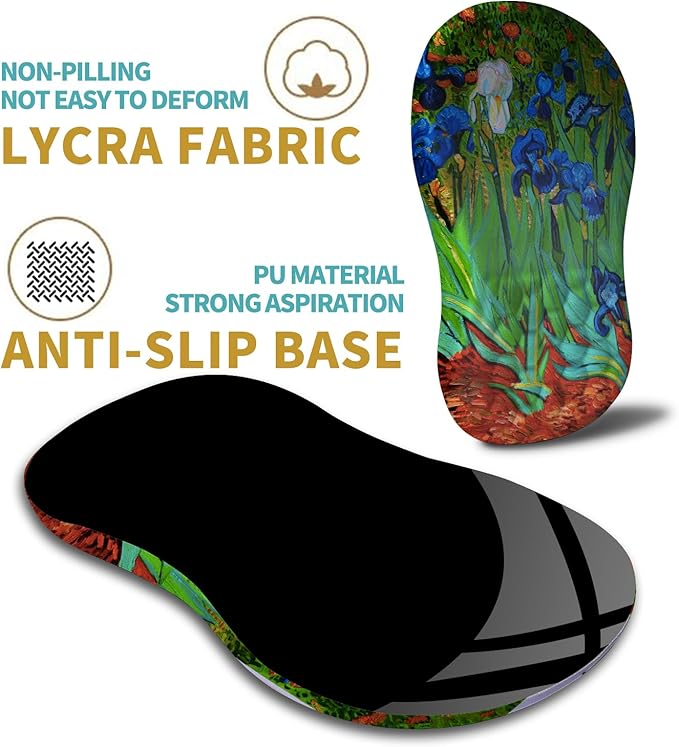 Hokafenle Ergonomic Mouse Pad Wrist Support with Massage Design, Wrist Rest Pain Relief Mousepad with Memory Foam&Non-Slip PU Base, Mouse Pads for Wireless Mouse & Desk(12x8 inch,Vangogh Iris Flower)