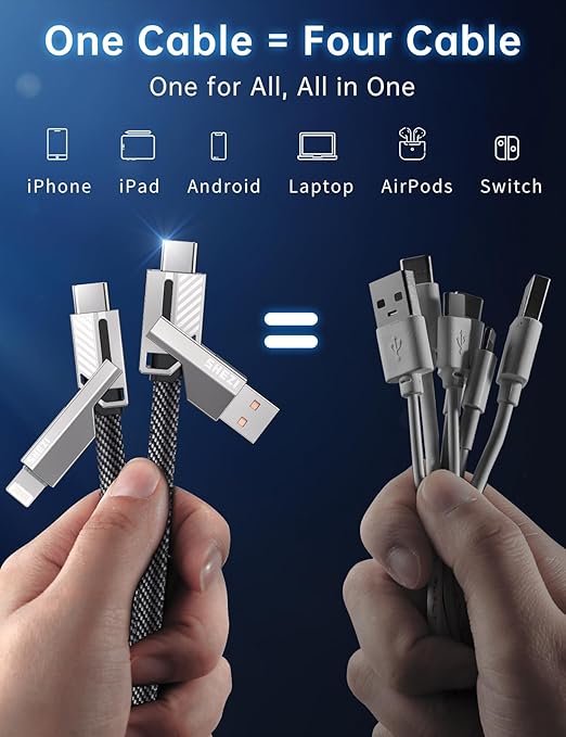 [One is Enough] 4-in-1 Compatible with USB C to Lightning Cable, 45W High-Speed Charging & Fast Data Transfer,CarPlay & Android Auto Support Multi Charger Cord Combo for iPhone/Samsung/iPad,3FT