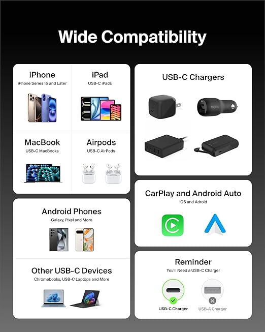 Belkin USB C to USB C Cable 2-Pack, 3.3ft, 60W - Type C Charger, iPhone Charger Cord, Soft, Braided, Flexible for iPhone 16, Galaxy S25, Pixel 9, Airpods, iPad Pro & More, Travel Essentials - Black