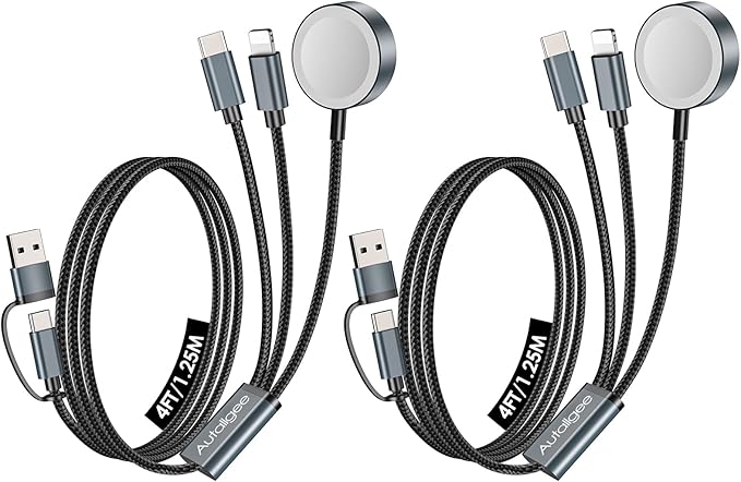 2Pack 4FT Upgraded 3 in 2 Multi Charging Cable for Apple Watch Charger Travel Essentials iWatch Charger Fast Charging Compatible with iWatch Ultra/SE/10/9/8/7/6/5/4/3/2/1,iPhone16/15/14/13/Galaxy S24