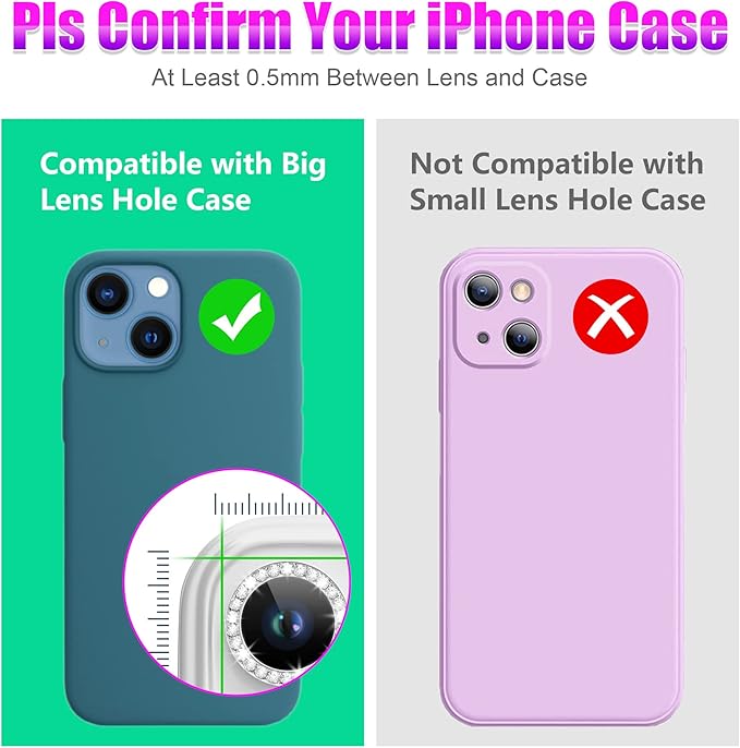 AGVEE 3+3 6 Pack for iPhone 13 6.1 inch / 13 Mini 5.4 inch Camera Lens Protector, Bling Diamond & Bling Glitter Metal Ring 9H Tempered HD Glass Camera Protector Cover Film, Bling-Silver