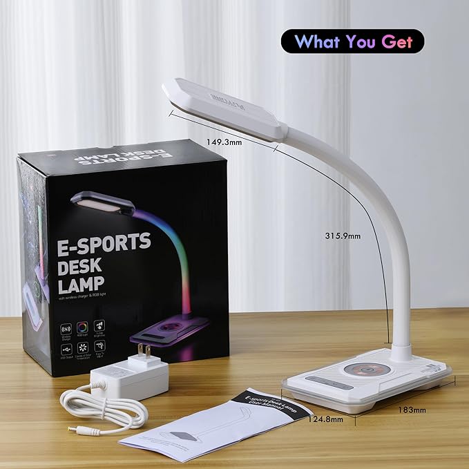 WILIT Desk Lamp with Wireless Charger, Music Sync RGB Color Changing Lights, Gaming Lamp with USB Charging Port, Touch Control Table Lamp, Desktop Light for Home Office Dorm Room, Birthday Gifts