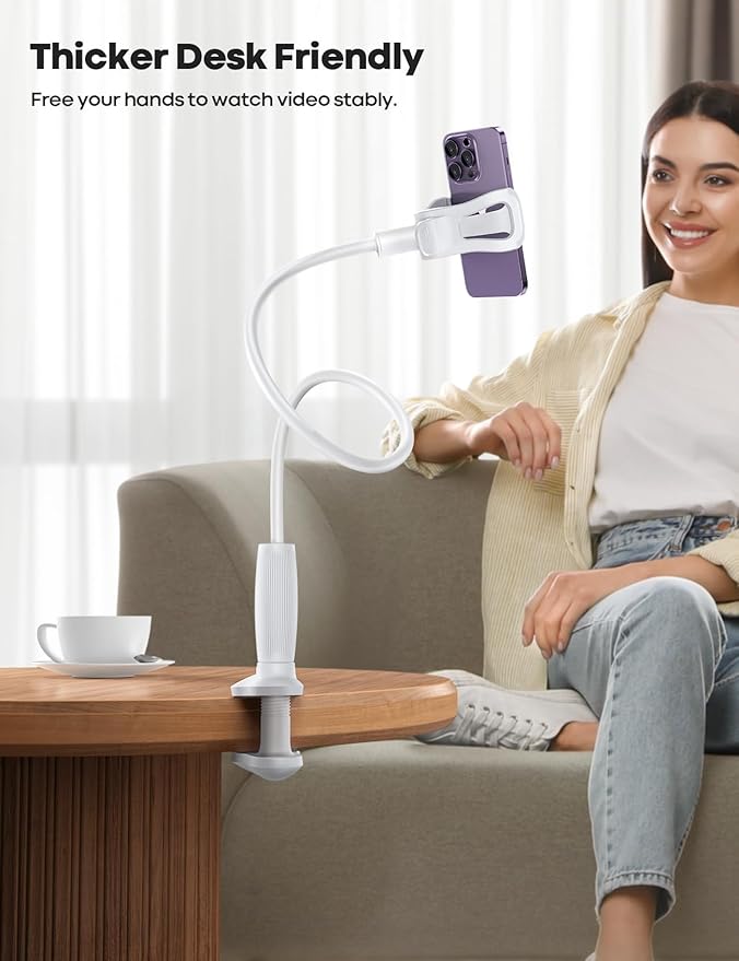 Lamicall Gooseneck Phone Holder for Bed - 360 Adjustable Clamp Clip, Overhead Cell Phone Mount Stand for Desk, Compatible with All Cellphone, White
