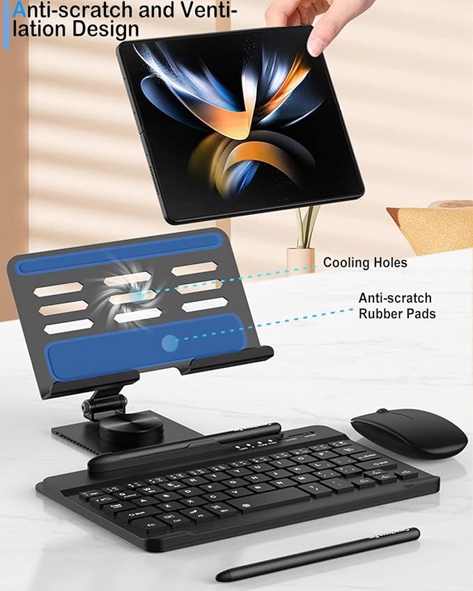for Samsung Galaxy Z Fold 7 6 5 4 All Fold Smartphones Bluetooth Keyboard and Mouse Set, Portable Travel Keyboard Adjustable Foldable Aluminum Alloy Stand Holder with Pen for 4.7"-8.5" Mini Tablets