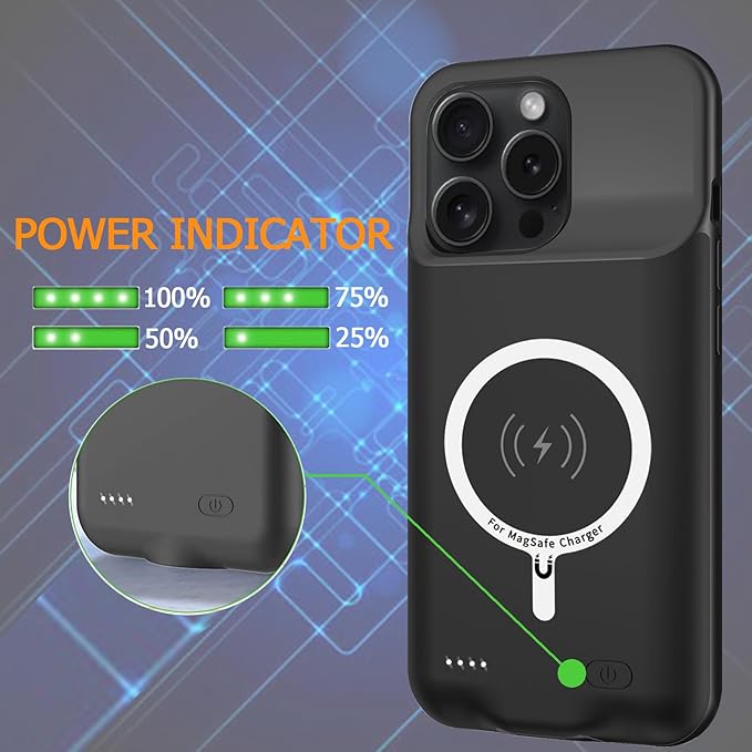 Battery Case for iPhone 15 Pro Max, Full Encircle 12000mAh Capacity Rechargeable Portable Charger Case Extended Battery Pack for iPhone 15 Pro Max(6.7 inch) Wireless Charging Case with Carplay-Black