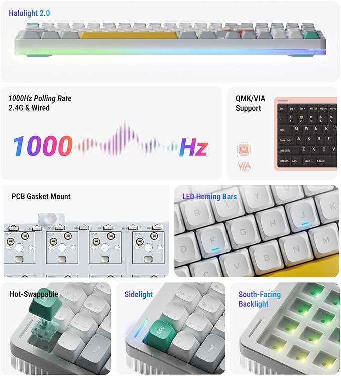 nuphy Halo96 V2 Wireless Mechanical Gaming Keyboard, 96% Hot Swappable, 99 Keys RGB Backlit, Bluetooth/USB-C/2.4GHz, Lemon Switches (55gf), White