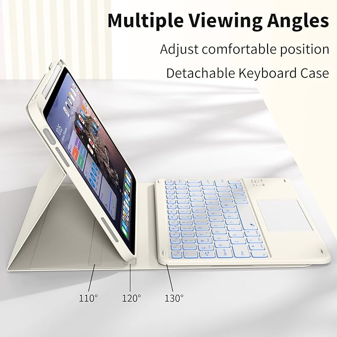 JKSML for iPad(A16) 11th/10th Generation Case with Keyboard (11/10.9 inch) 2025/2022, 7 Color Backlight Detachable Bluetooth Cover with Trackpad, Flip Stand Case Thin with Pencil Holder, Cream White