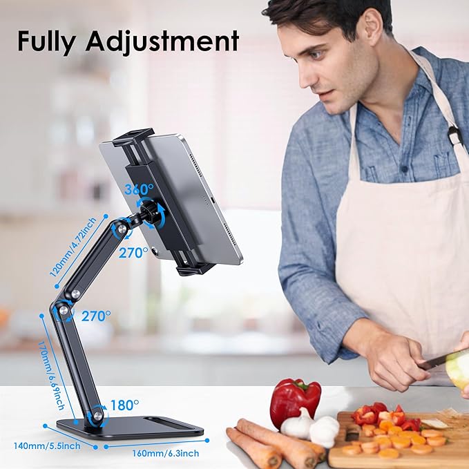 CreaDream Tablet Stand for iPad, Aluminum Tablet Holder with Heavy-Duty Base for Desk, Fully Adjustable Angle, Compatible with iPad Pro Air Mini, Galaxy Tab, Surface Pro, Kindle 4.7''-13", Black