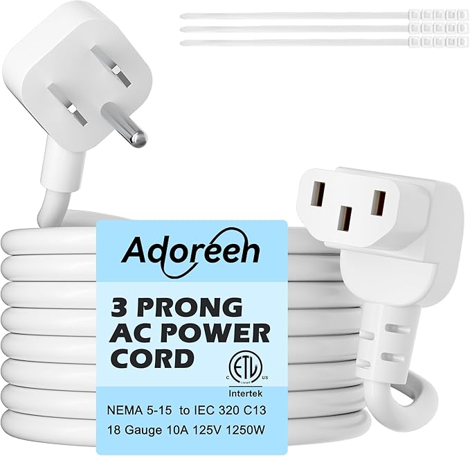 Adoreen 15 Ft Computer TV Replacement Power Cord White, Low Profile Flat Plug to 90 Degree Angled L-Shaped 18AWG 3-Prong AC Universal Power Supply Cable for Printer, PC, Monitor TV LCD, ETL+Ties
