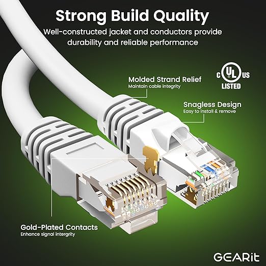 GEARit Cat 6 Ethernet Cable (10-Pack 7 Feet) Cat6 Network Patch, 10Gbps, RJ45, Snagless Cord, Gold-Plated Connectors, Internet for PC, TV, Tablet, Router, Printer, Servers, IT Data Center - White