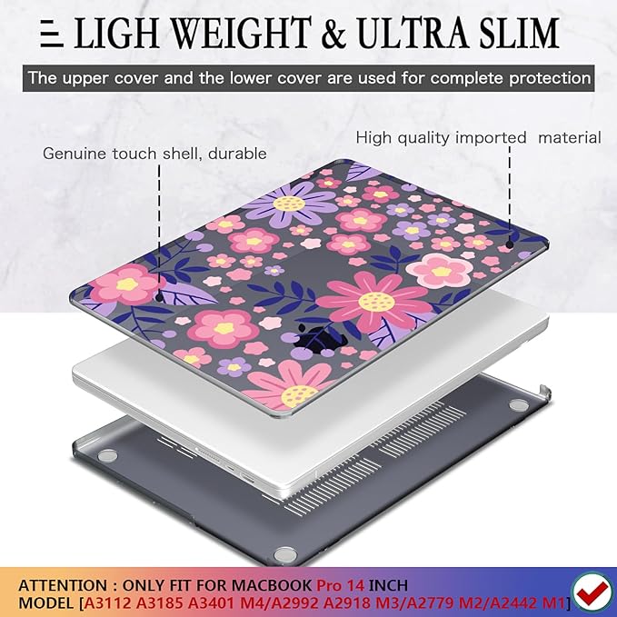 CISSOOK Compatible with MacBook Pro 14 inch 2025 2024-2021 Release M4 M3 M2 M1 Chip A3112 A3185 A3401 A2918 A2992 A2779 A2442, Hard Shell Case with Keyboard Cover Screen Protector, Stylized Flowers