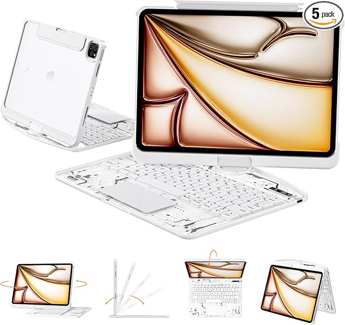 Transparent Case with Keyboard for 2024 iPad Pro 13 inch (M4), iPad Pro 13,7-Color Backlit,Magic Wireless Keyboard, 360°Rotating,Multi-Touch trackpad,Pencil Holder,with Shortcuts,White