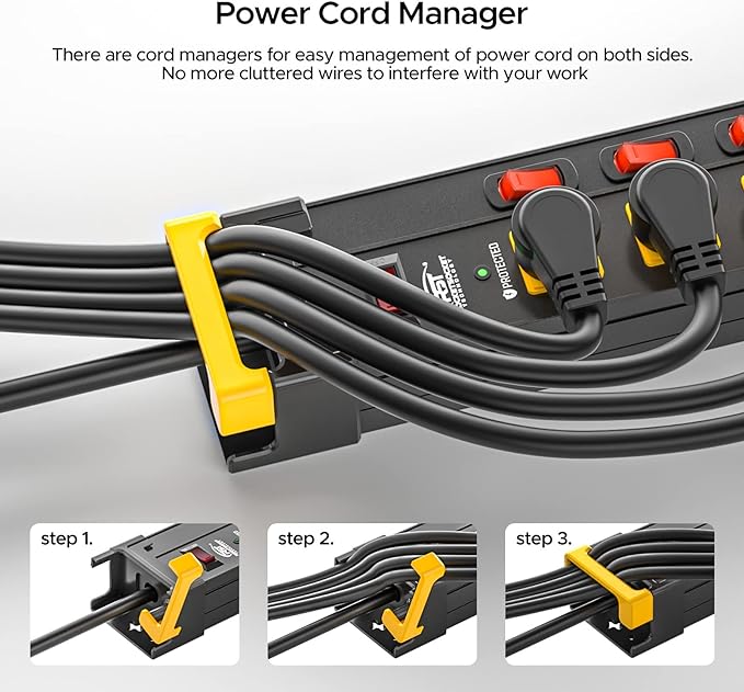 CRST 12 Outlets Long Power Strip, 9 FT Cord Metal Wall Mount Surge Protector Power Strip with Individual Switches and Cord Manager, 1020J, 15Amp/1875W for Garage,Workshop, Office, Home