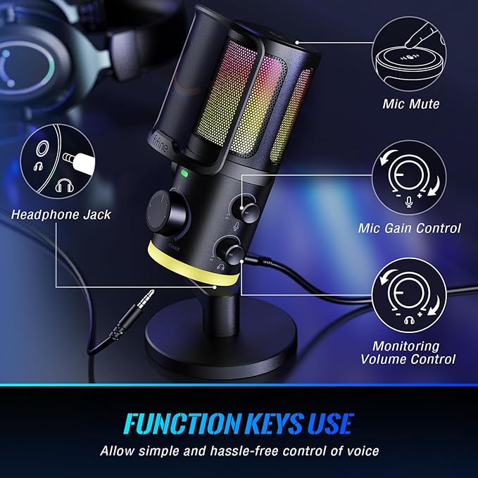 FIFINE Gaming PC Microphone, USB Streaming Microphone with Game Chat Balance, Computer Condenser Desktop RGB Mic with Mute Button, Noise Cancellation for Podcast/Twitch/Discord-AMPLIGAME AM6