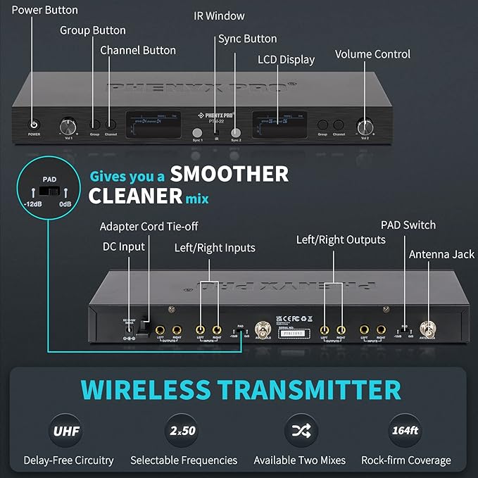 Phenyx Pro in Ear Monitor for Musicians, UHF Wireless in-Ear Monitors System, Mono 2-Channel IEM, Metal Stage Monitor w/ 2x50 Frequencies, 164ft Long Coverage, Rack Mount Kit (PTM-22, 4 Bodypacks)