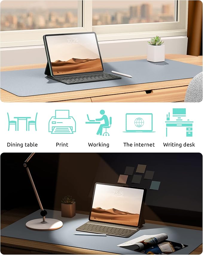 YSAGi Leather Desk Protector, Office Mat, Large Mouse Mat, Non-Slip PU Leather Blotter, Laptop Desk, Waterproof Writing Pad for Office and Home (Light Grey, 31.5" x 15.8")
