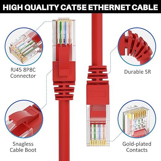 Cat5e Ethernet Cable 100 FT, Cat 5e Internet Cable, Red Snagless Patch Cord, Flexible, Network, LAN, PoE, Standard RJ45 Connector for PC, Server, Router, Modem, TV, PS5 - with 15 Cable Ties
