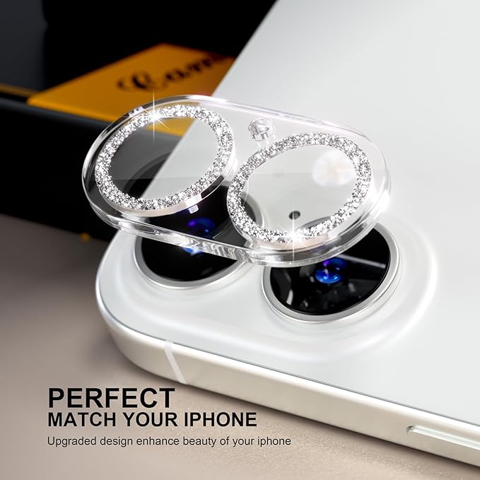 beuxece for 6 Pack iPhone 16 / iPhone 16 Plus Camera Lens Protector [Drop Protection] [Case Friendly] [Easy Installation] 9H Tempered Glass Camera Screen Protector Cover Accessories, Glitter Silver