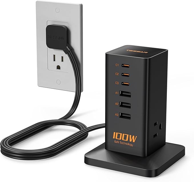 Charging Station PD 100W, TESSAN 9-in-1 USB C Power Strip for iPhone 16/15, MacBook, Tablet, Desktop Phone Fast Charger with 3 AC, 3 USB-A Ports, Home Drom Office Accessories