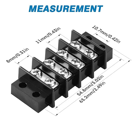 GLOSO Terminal Blocks Double Row Stainless 11 mm Pitch TBC, Marine Grade, 12-22 AWG Cu, 25A/300V - 1 Pack, 4 Poles