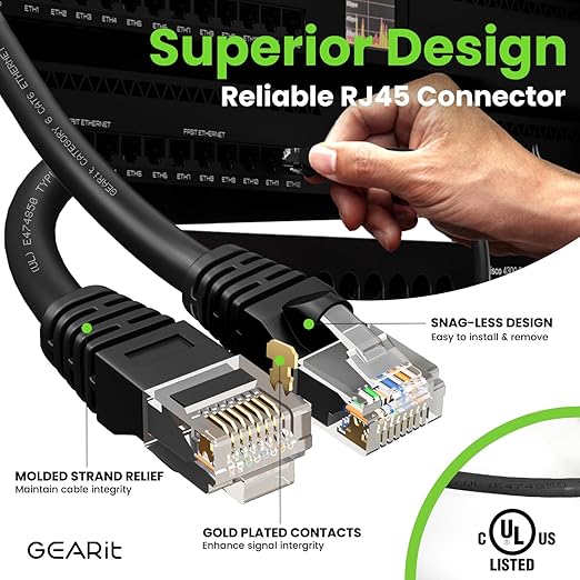 GearIT Cat 6 Ethernet Cable Pack - 50-Pack 1 ft Cat6 Ethernet Patch Cables | RJ45 Network Patch Cable, 10 Gbps Snagless Gold-Plated Connectors - Ethernet Cable Cat 6 for PC, TV, Router - Black
