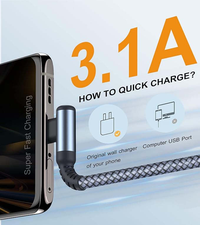 USB Type C Cable Right Angle [2-Pack, 6.6FT+20FT], USB Type C iPhone 16 Charger Cable Nylon Braided Cord for iPhone 15 16 Pro Max Plus, Samsung Galaxy S25 S24 S23 S22 S21 S10 S9 Note 20 10,Moto,PS5