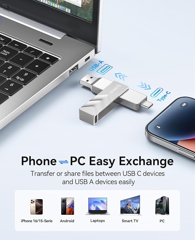 ORICO 512GB Portable Solid State Drive, 1050MB/s Dual-Port Rotating Metal External SSD with 90° Click-Stop, Reliable Storage for iPhone 16, 15 Series, Type-C Smartphone, Mac, Audio, Vehicle - A101
