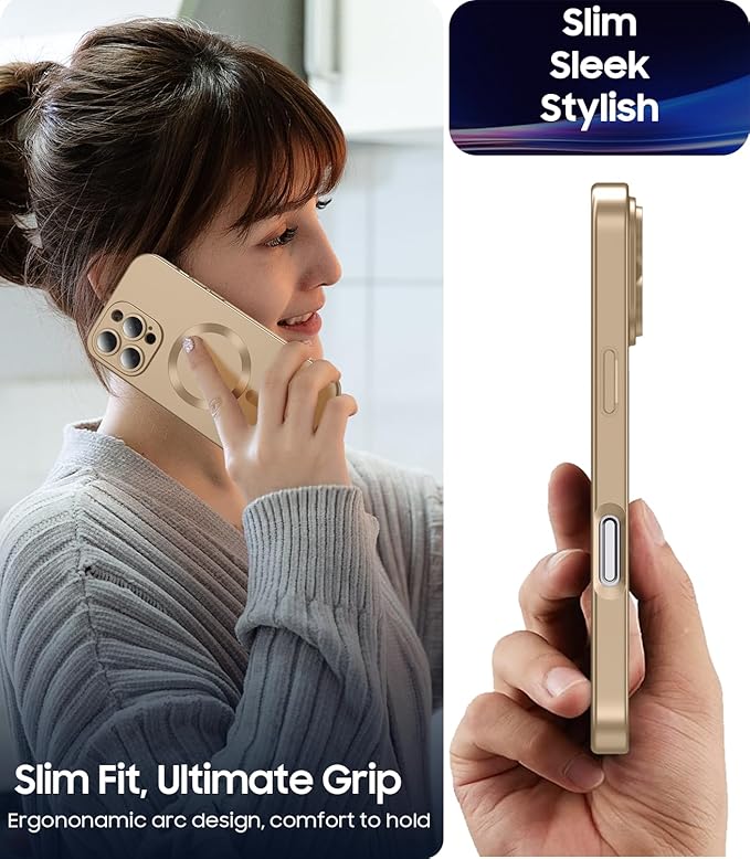 Magnetic for iPhone 16 Pro Max Case [Compatible with MagSafe][Built-in Camera Lens Protector] Slim Soft Silicone Bumper Shockproof Metallic Luster Phone Case (Gold)