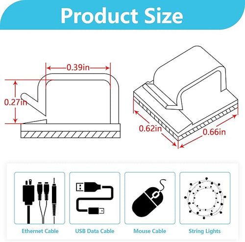 100PCS Cable Clips, Adhesive Wire Clips Organizer Cord Clips Management, Cable Staples Outdoor Strong for Wall, Desk, Christmas Lights, String Lights, TV PC Ethernet Cable, Clear Large