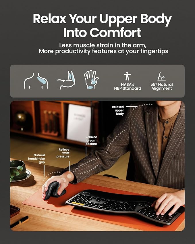 ProtoArc Ergonomic Mouse, EM11 NL Bluetooth Rechargeable Wireless Vertical Mouse, 3 Multi-Device Connectivity for Computer/PC/Laptop, 2.4GHz Optical Mice for Windows, Mac OS, Black